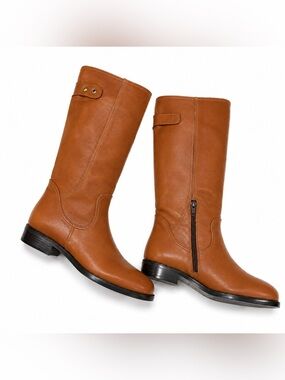 Napoleoni Cognac Italian Leather Tall Riding Boots | Gold Detail | Size 7